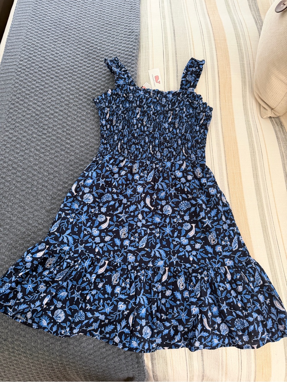 Vineyard Vines Navy and Light Blue Floral Smocked Midi Dress